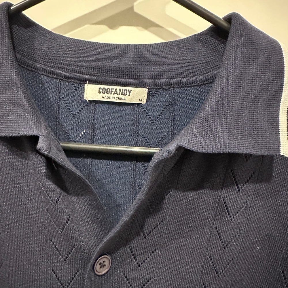 Coofandy Men's Knit Navy Short Sleeve Button-Down Polo - Picture 2 of 3